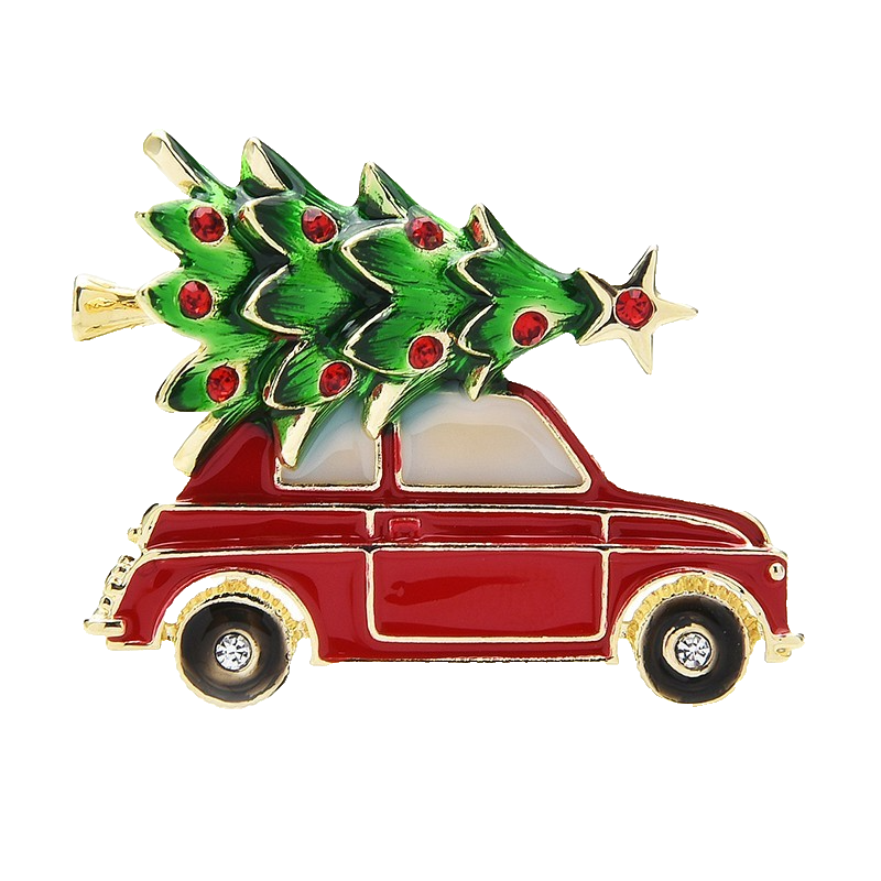 Vintage Style Red Truck Christmas Tree Brooch Rhinestone Holiday Enamel Pin