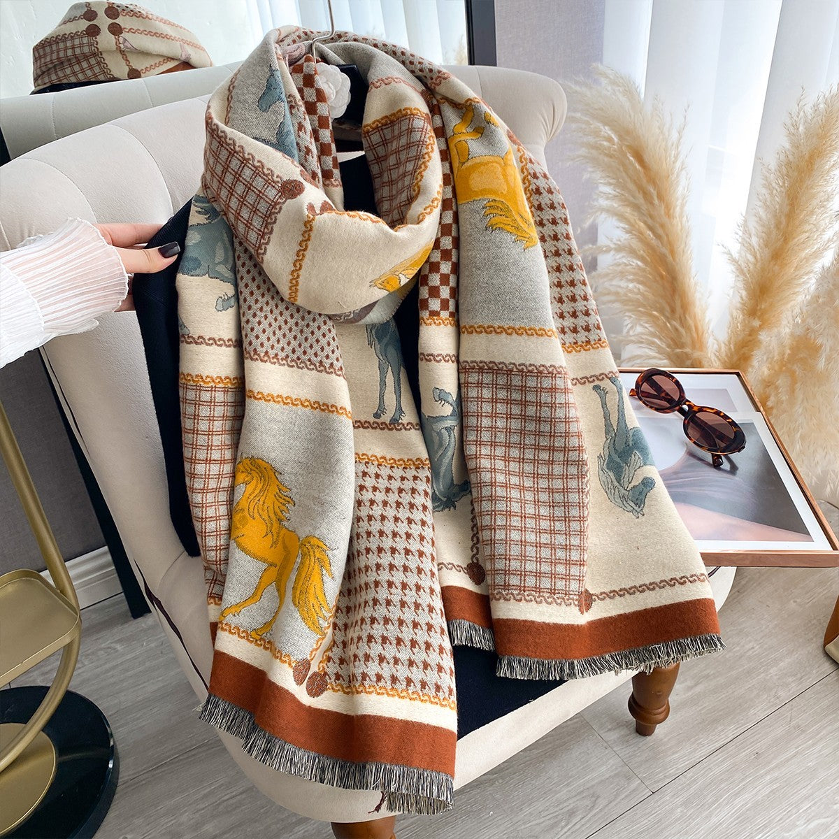 Equestrian Block Print Scarf Shawl Blanket Wrap Cashmere Feel