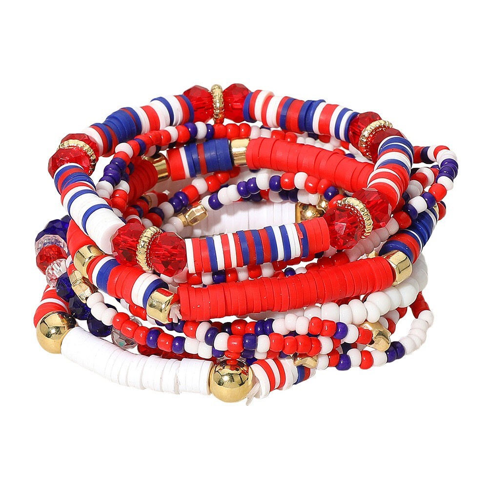10PCS American USA Star Beaded Stretch Multi Layered Bracelets Set