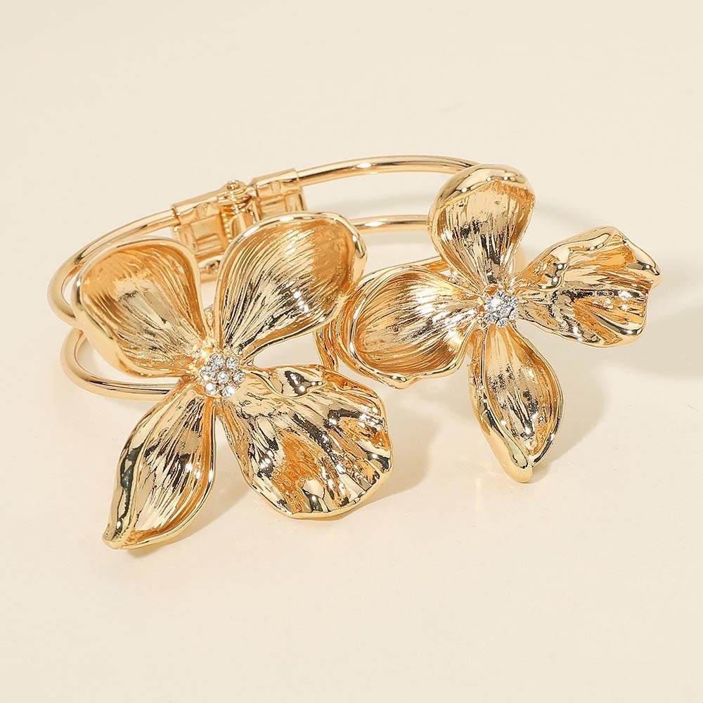 Elegant Gold Floral Double Blossom Hinged Bangle Bracelet with Crystal Accents