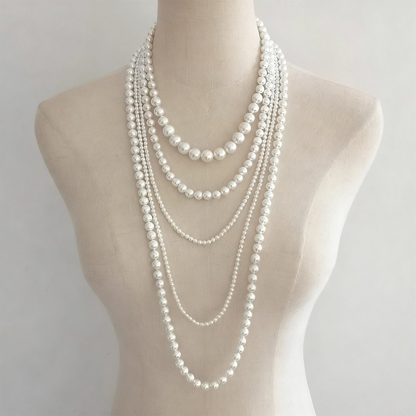 Multi Layer White Faux Pearl Statement Necklace Long Beaded Strand Wedding
