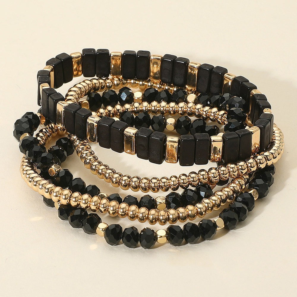 Women’s 5PCS Black and Gold Beaded Stretch Bracelet Set Multi Layered Jewelry