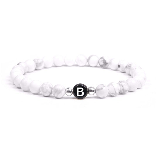White Howlite Beaded Initial Bracelet Letter B Stone Jewelry Gift Unisex