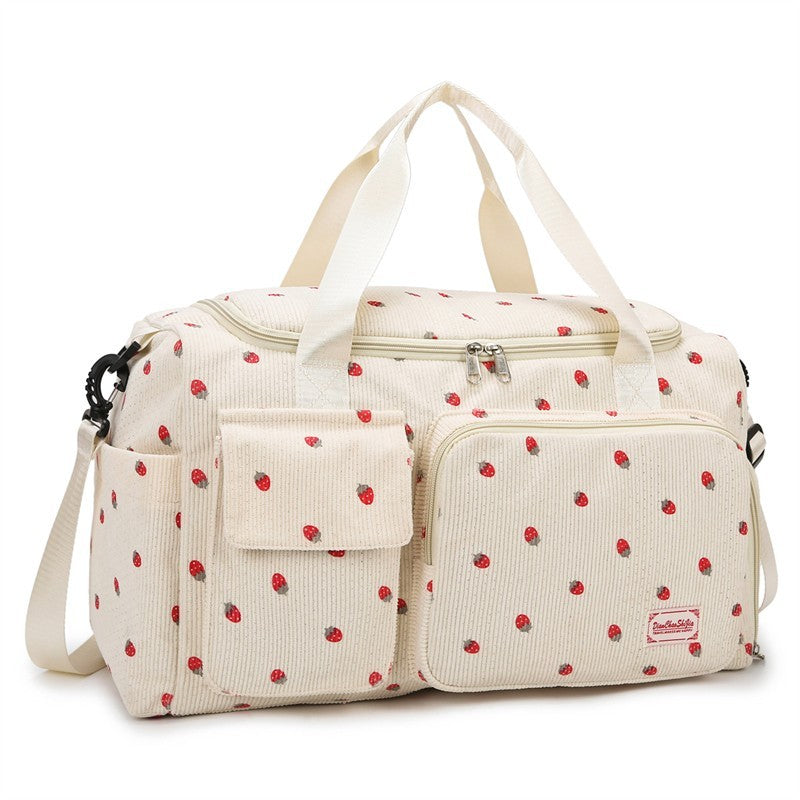 Strawberry Corduroy Travel Duffel Bag Shoe Compartment Trolley Sleeve