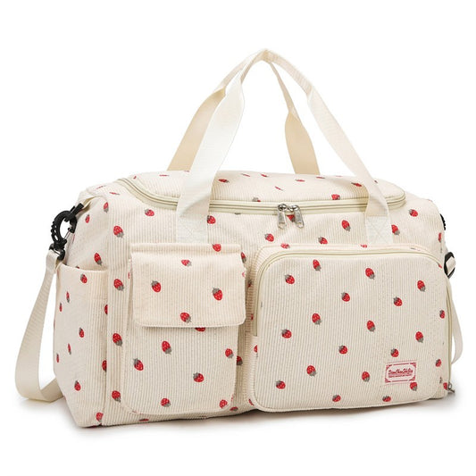 Strawberry Corduroy Travel Duffel Bag Shoe Compartment Trolley Sleeve