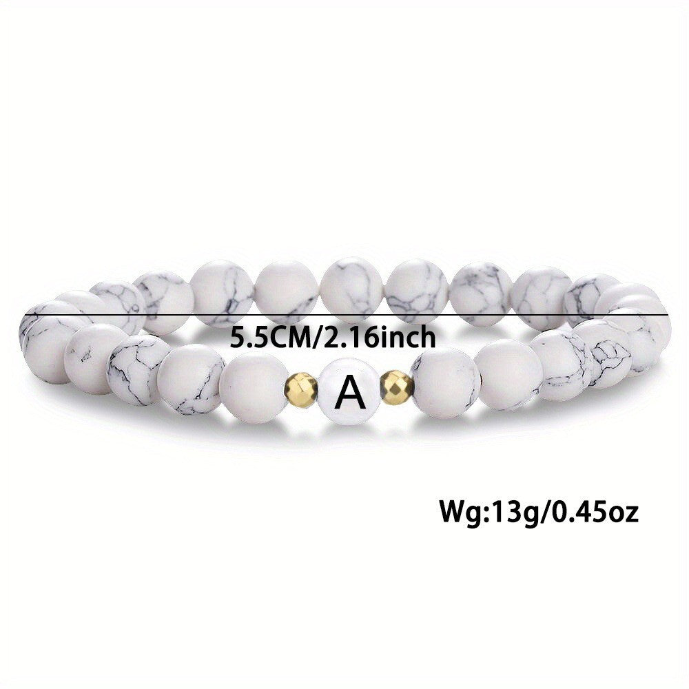 White Howlite Beaded Initial Bracelet Letter A Stone Jewelry Gift Unisex