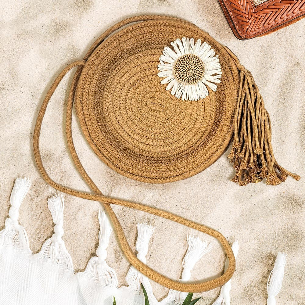 Round Crossbody Bag for Women Khaki Floral Beach Bags For Ladies