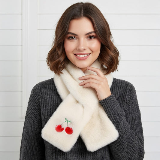 Faux Fur Cherry Scarf Ivory Embroidered Winter Neck Warmer Pull Through Muff