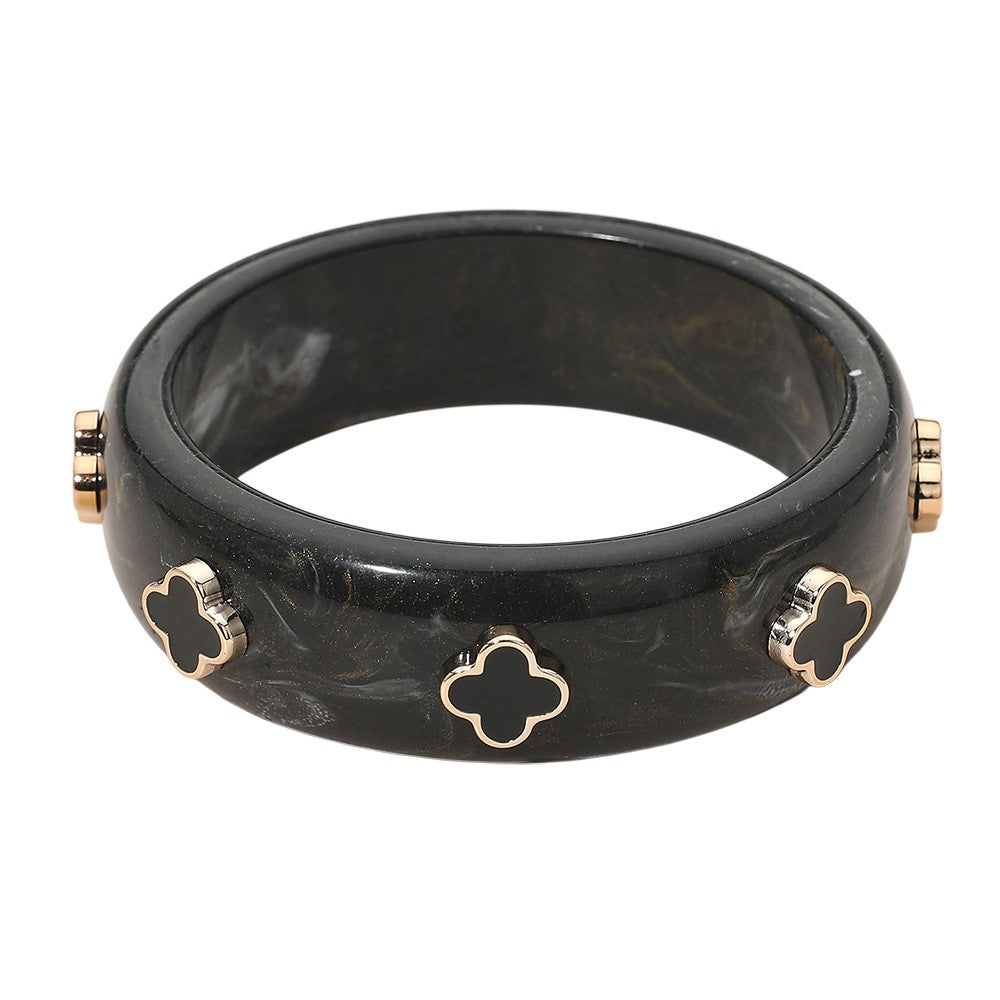 Black Marble Resin Bangle Bracelet with Gold Clover Accents - Chic Jewelry