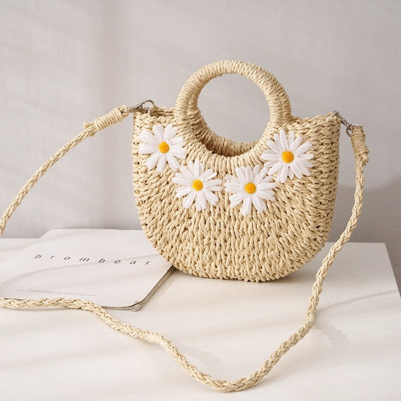 Hand-Woven Straw Daisy Bag for Women| Boho Moon-Shaped Summer Crossbody Purse
