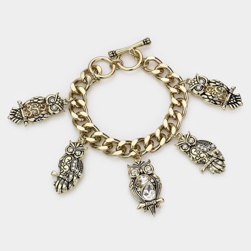 Women's Owl Charm Toggle Bracelet Multi Owl Dangle Boho Style Jewelry Gift