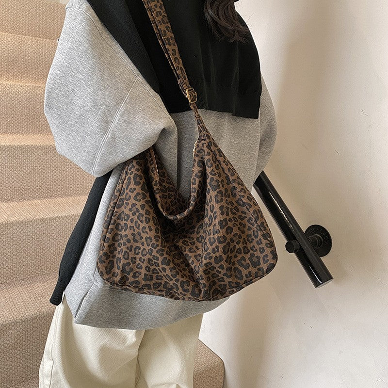 Trendy Leopard Print Canvas Shoulder Bag Adjustable Strap Tote Purse Handbag