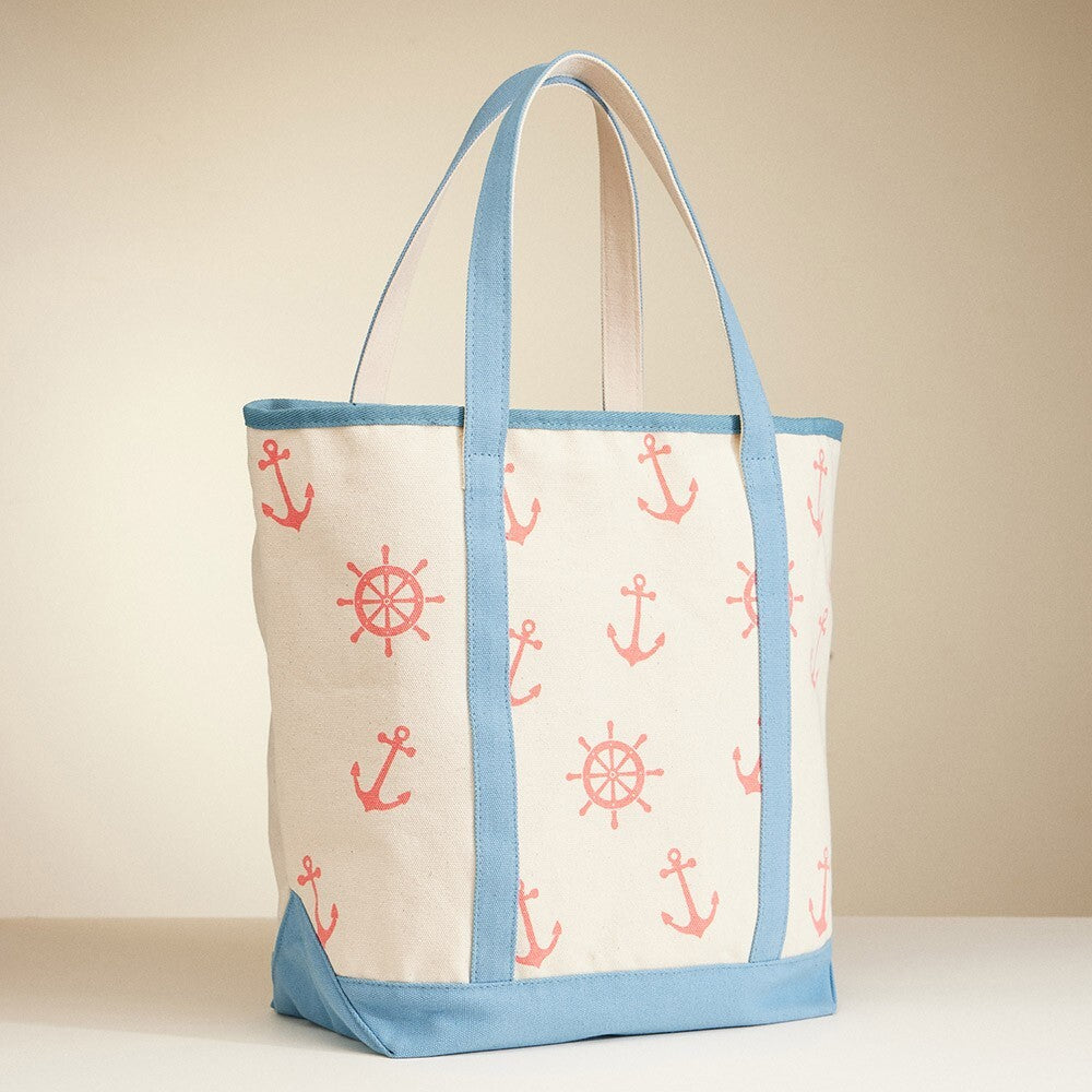 Anchor Wheel Printed Canvas Tote Bag Nautical Beach Travel Shoulder Handbag