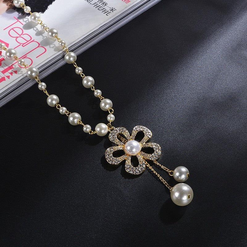 Camellia Flower Pearl Sweater Necklace Long Chain Crystal Pendant Jewelry
