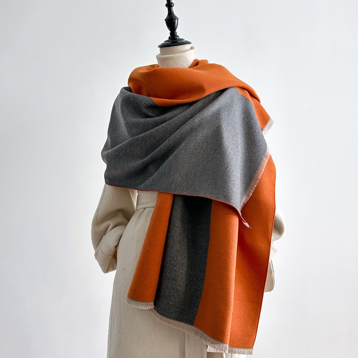 Soft Cashmere Feel Polyester Scarf Wrap Shawl 70 x 27.5 Inch Orange Gray