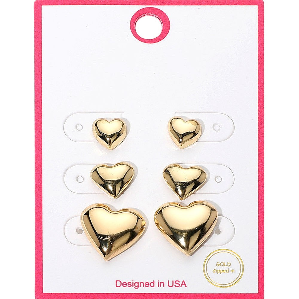 3pcs Gold Dipped Polished Puffy Heart Stud Earring Set Minimalist