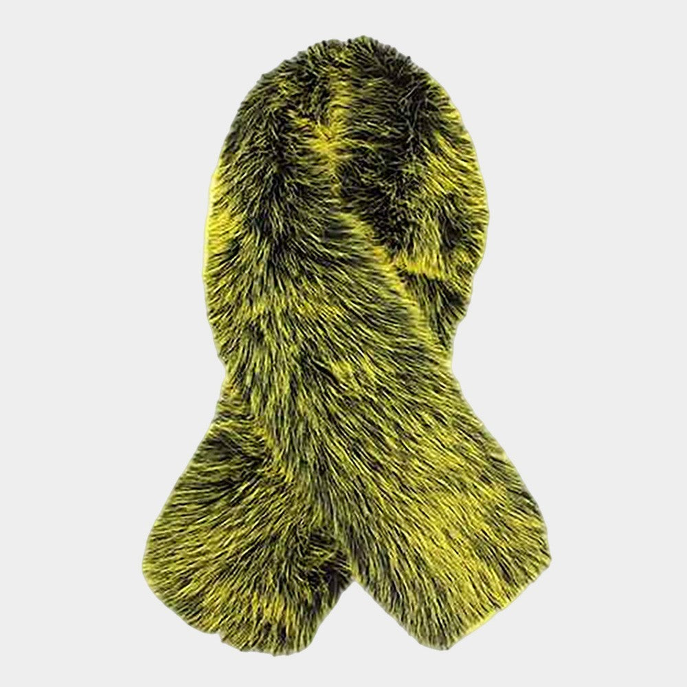 Women's Plush Faux Fur Warm Winter Scarf Shoulder Wrap Green & Black 5.5" X 38"