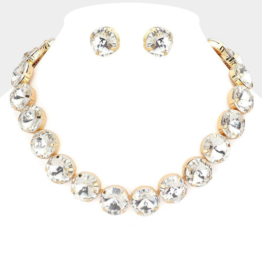 Round Stone Link Evening Collet Necklace with Stud Earrings Set for Women Gold