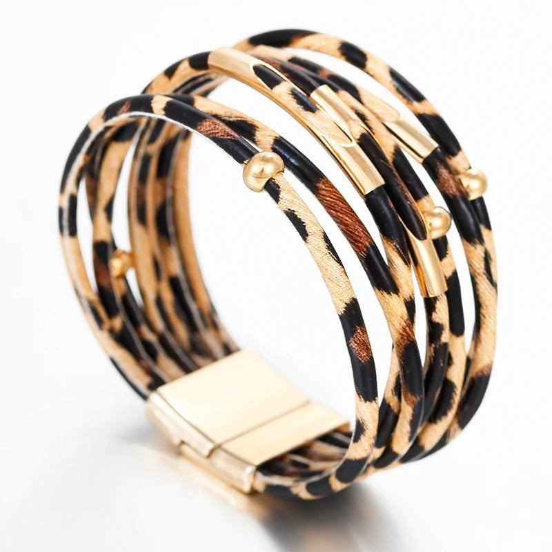 Boho Leopard Bracelet Duo | Multi-Strand Gold & Animal Print Cuff Bangle 2PC Set