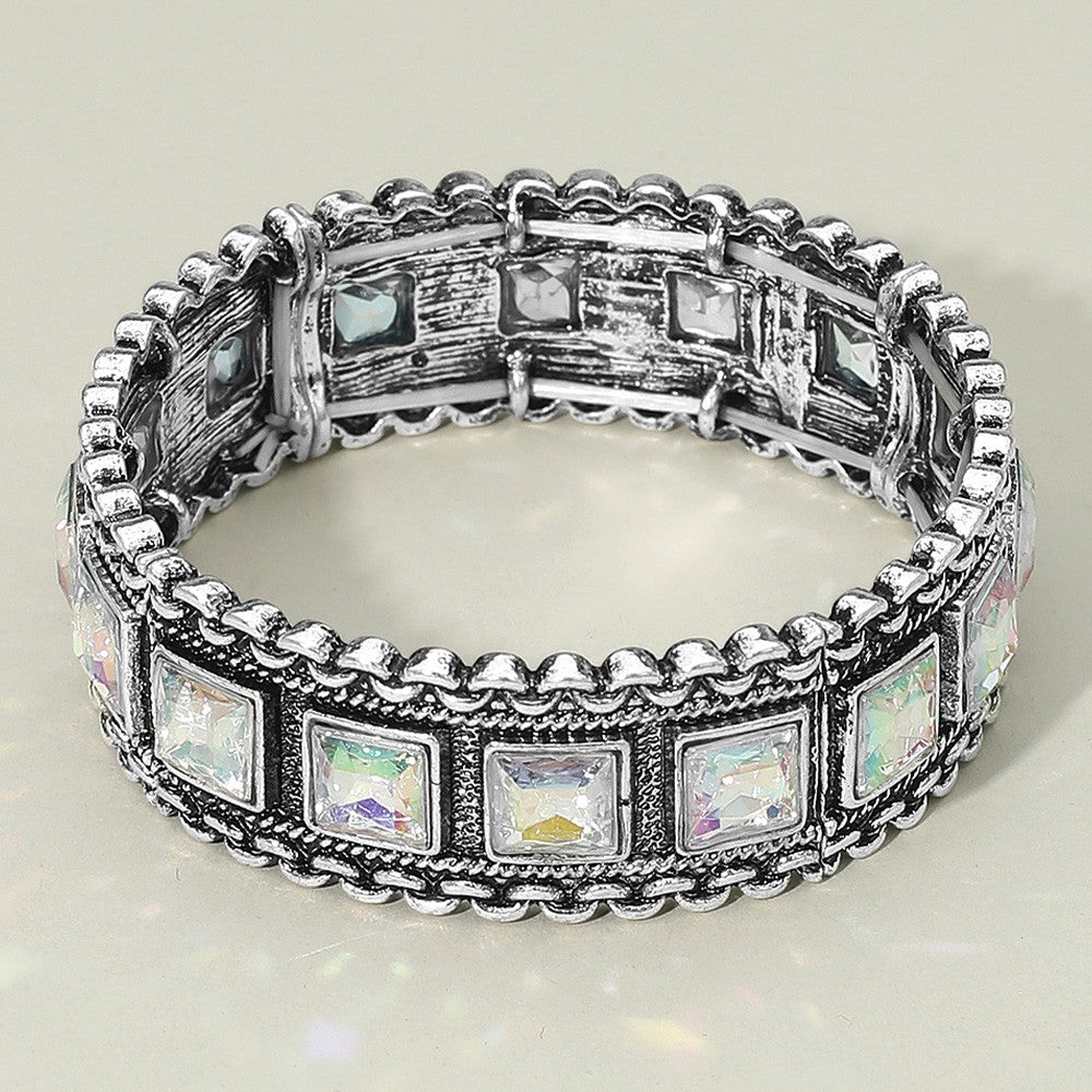 Vintage Silver Bracelet with Iridescent Square Gems Unisex Statement Jewelry