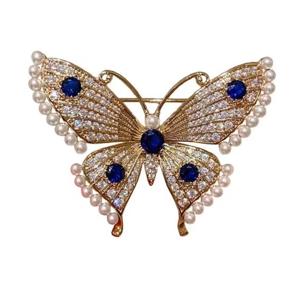 2pcs Vintage Butterfly Blue Crystal & Pearl Brooch Set - Elegant Two Piece