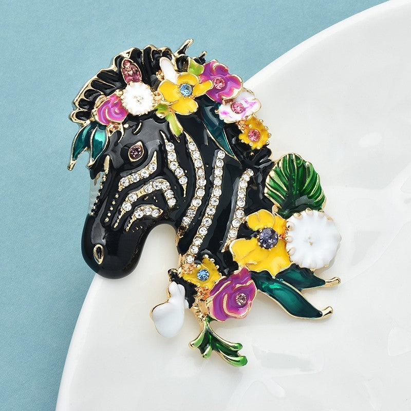Sparkly Zebra Head Brooch Pin Enamel Rhinestone Floral Animal Gift