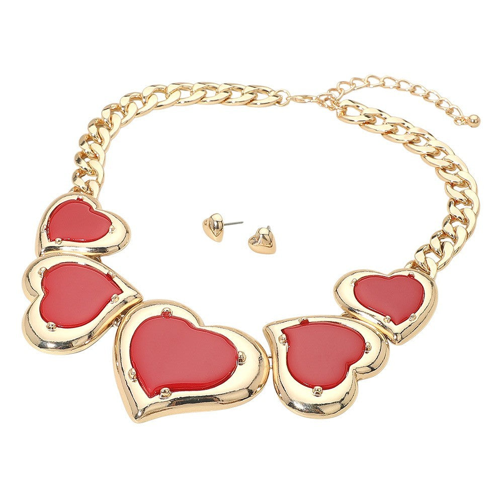 Womens Bold Resin Heart Plate Link Chunky Statement Necklace & Stud Earrings Set