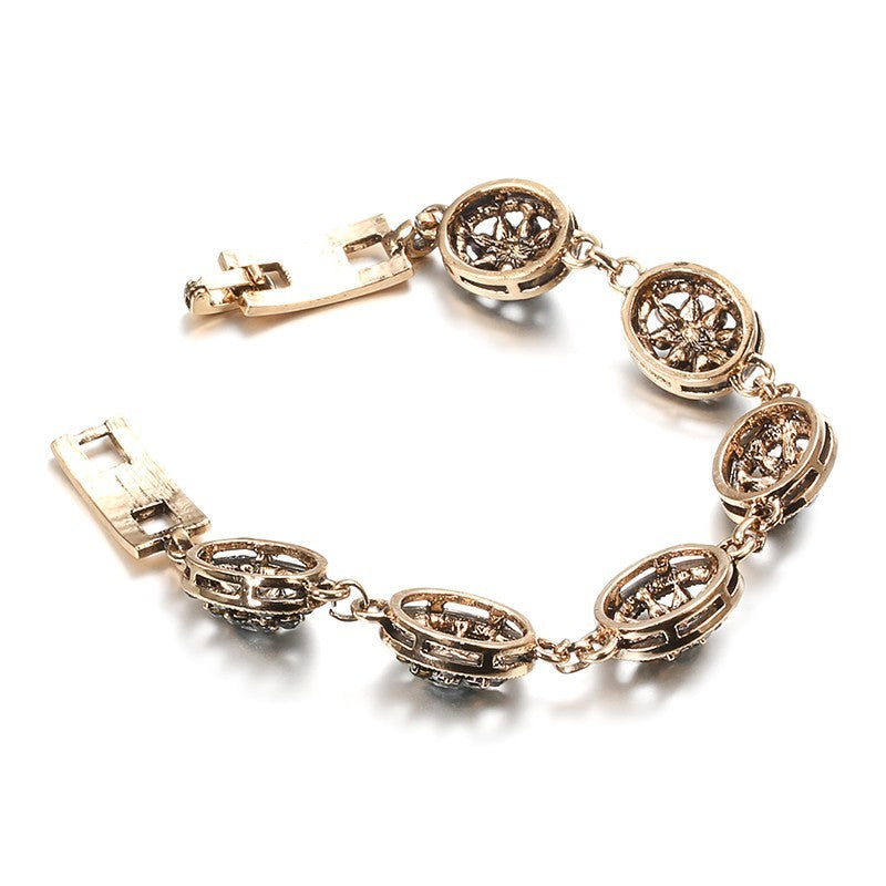 Antique Gold Crystal Flower Turkish Link Bracelet Bohemian Ethnic Jewelry