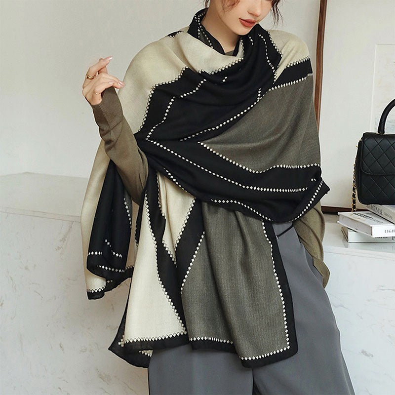 Geometric Colorblock Shawl Wrap Scarf Cotton Viscose Blend