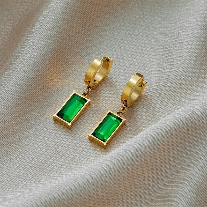 Emerald Green Gold Snake Chain Necklace Dangle Earrings Set for Women