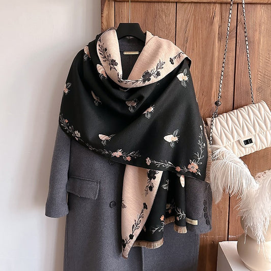 Statement Shawl Bee and Floral Embroidery Lightweight Soft Polyester Wrap