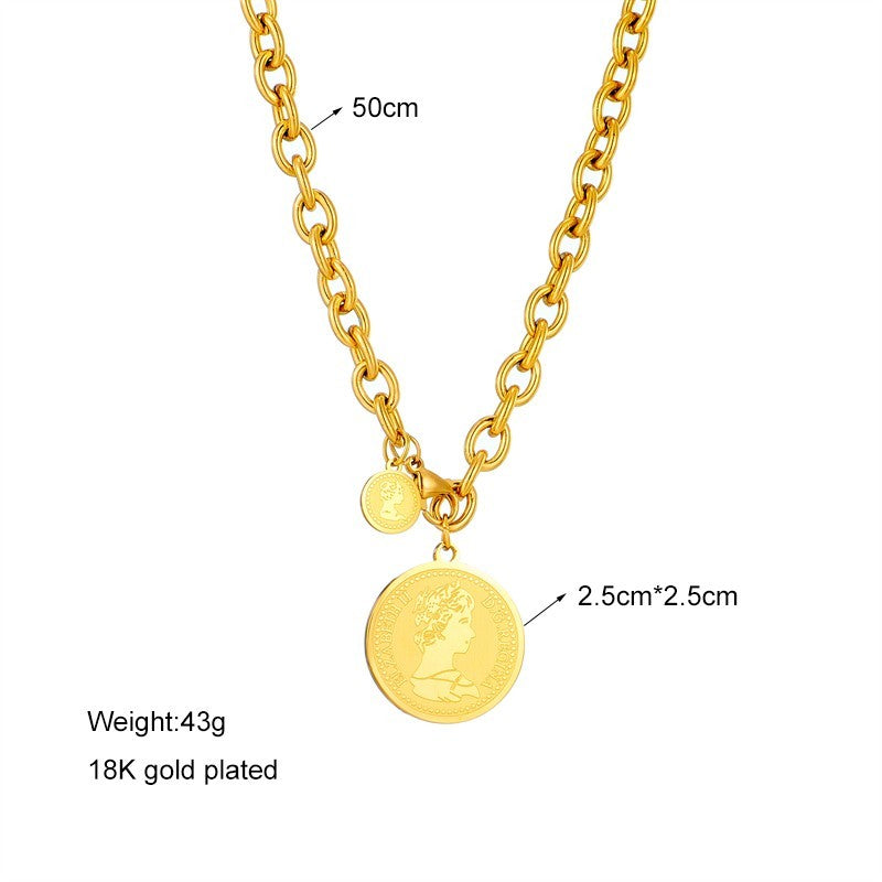 18K Gold Plated Queen Elizabeth II Coin Pendant Link Chain Necklace Jewelry