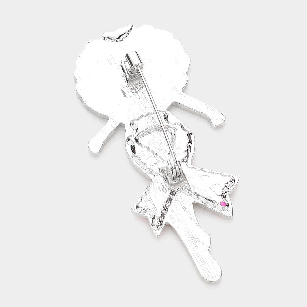 Pink Ribbon Accented Enamel Pave CZ Rhodium Metal Afro Girl Pin Brooch for Women