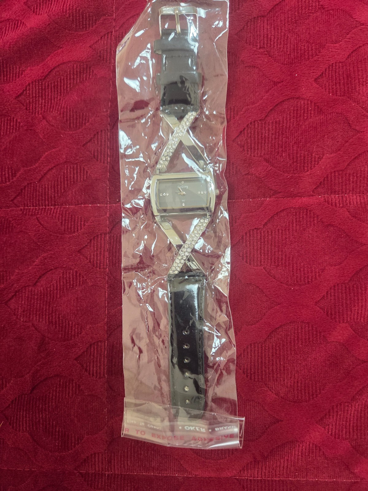 GoGoey Women's Rectangular Dress Watch Crystal X Band Black Faux Leather Strap