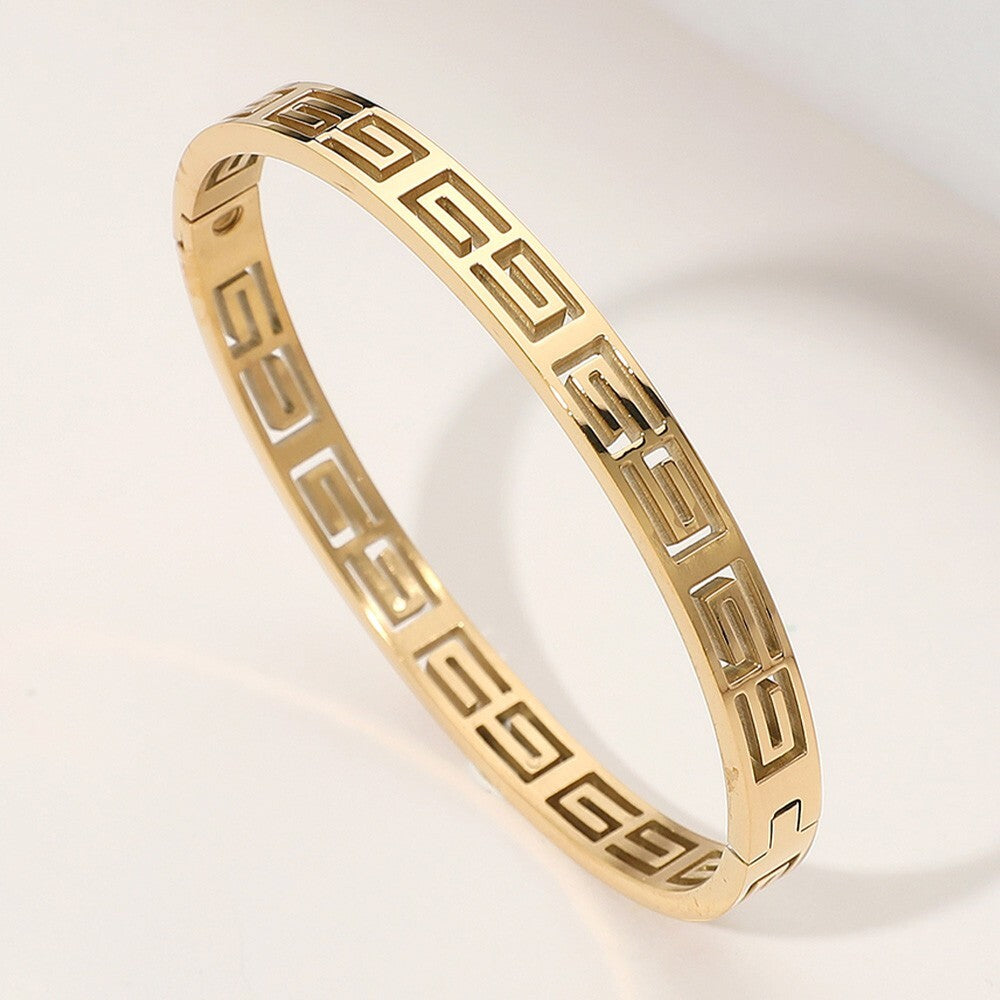 Stainless Steel Geometric Cutout Hinged Bangle Bracelet for Women