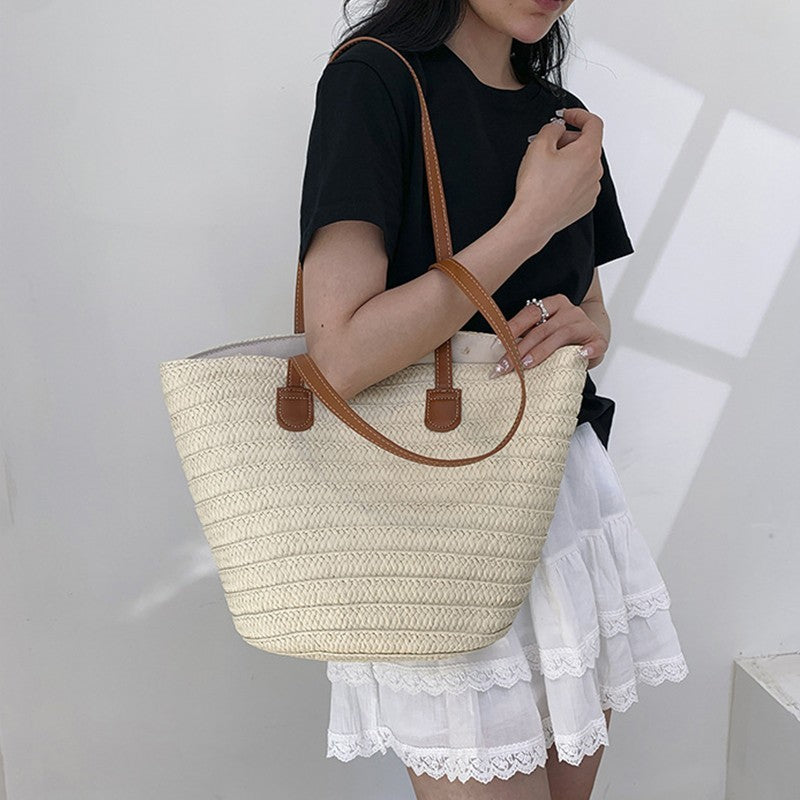 Women’s Large Capacity Paper  Woven Shoulder Bag Summer Basket Handbag Beige
