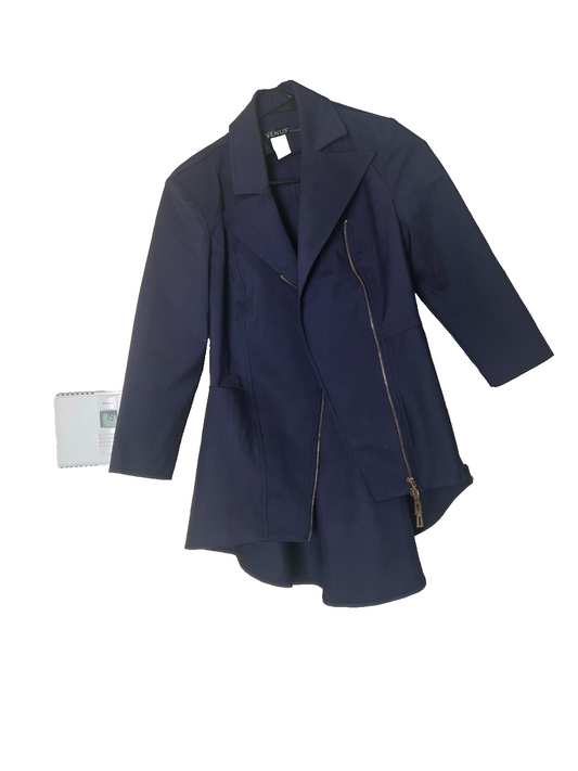 Navy Blue Asymmetrical Peplum Blazer Jacket Gold Zippers Buttons Women's Size 10