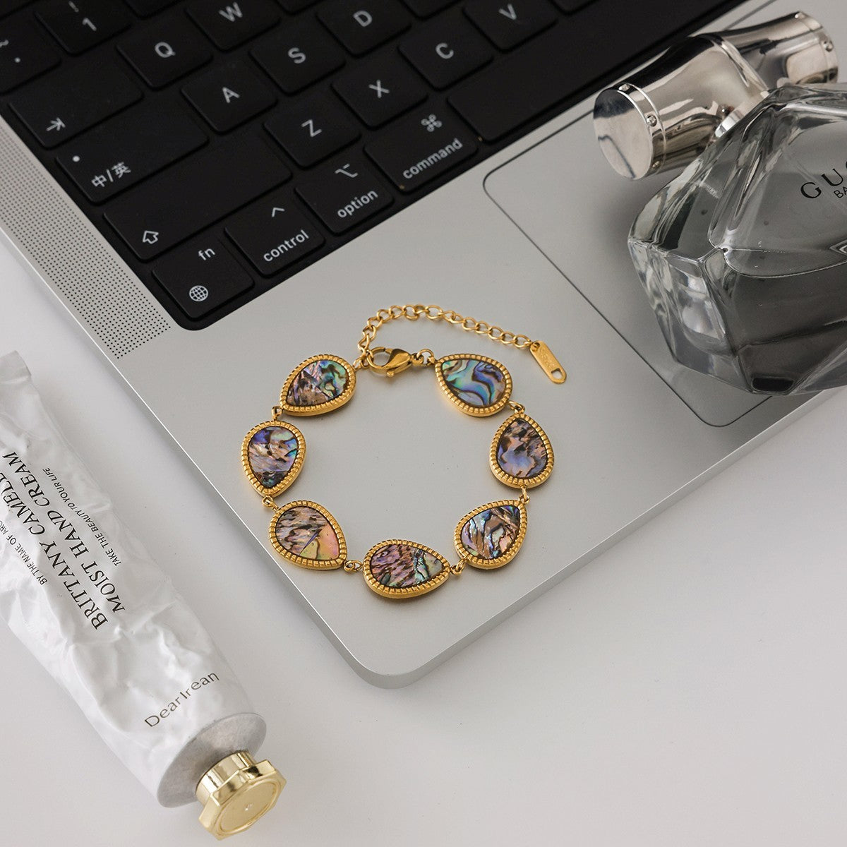 Waterproof Gold Stainless Steel Abalone Shell Teardrop Link Bracelet Womens