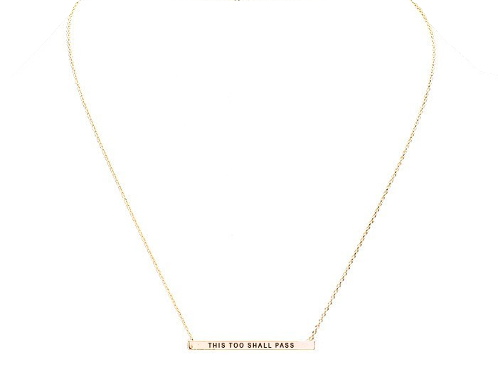 Gold Tone Bar Necklace Engraved THIS TOO SHALL PASS Pendant Inspirational Gift
