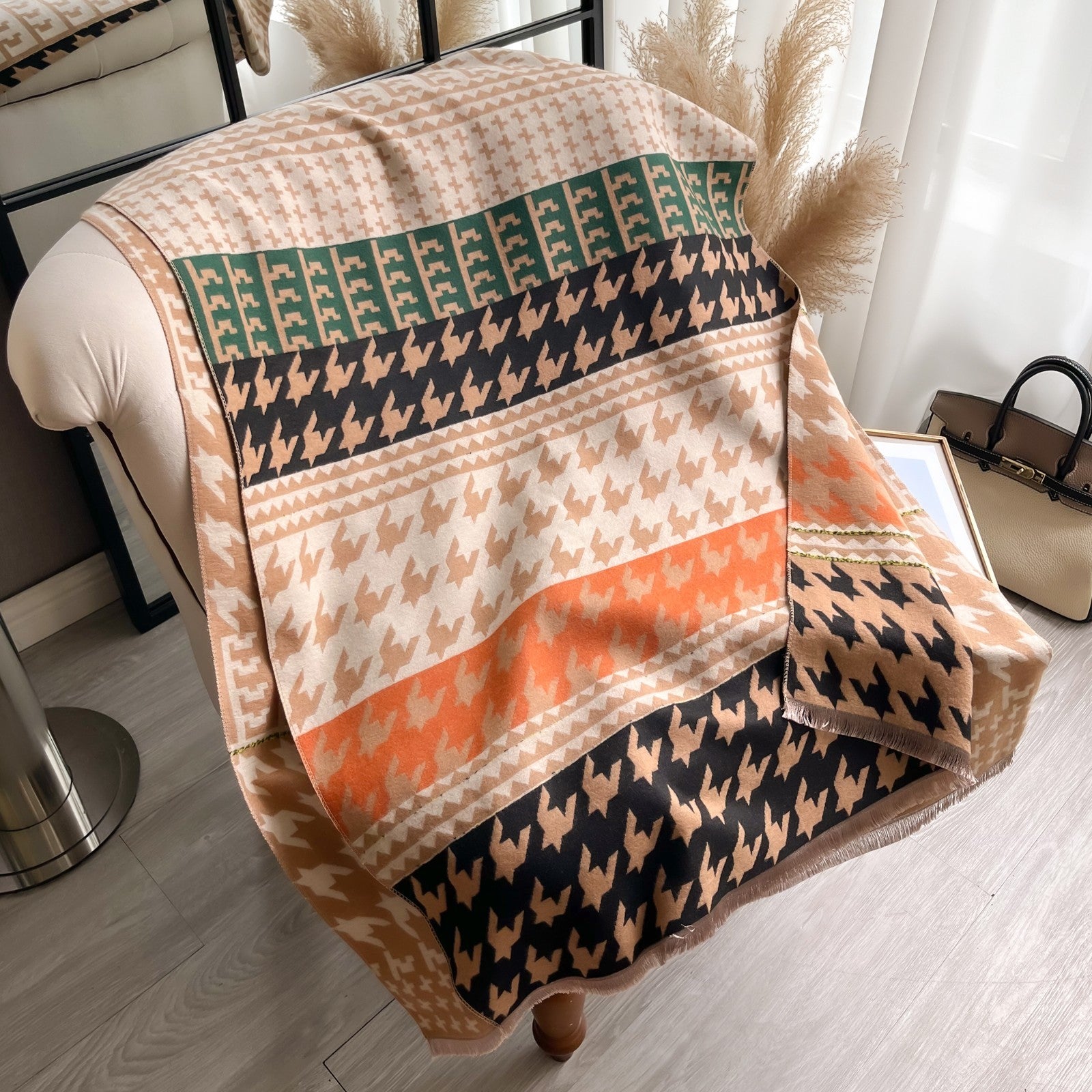 Multi-Color Houndstooth Blanket Scarf Shawl w/ Geometric Print & Fringe