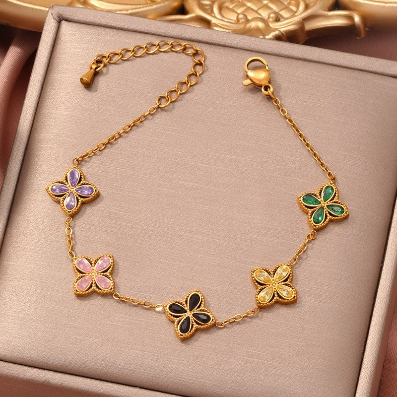 Gold Plated Four Leaf Clover Charm Bracelet Multicolored Stone Women's Jewelry