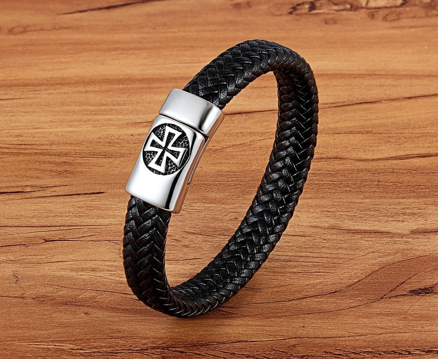 Mens Black Braided Leather Bracelet Maltese Cross Stainless Steel Clasp 8.3in