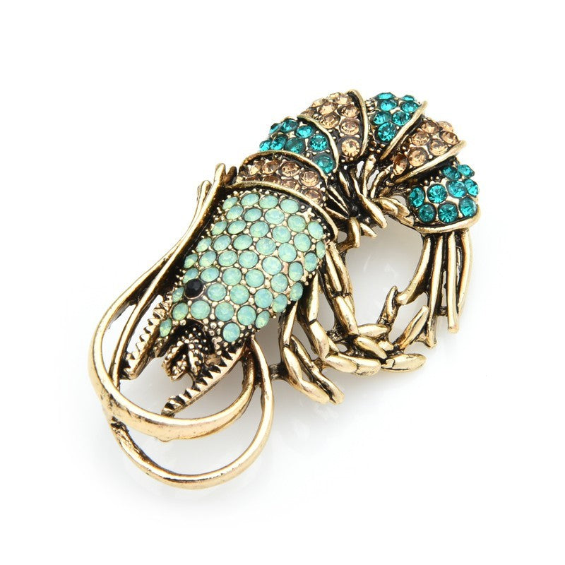 Vintage Style Crawfish Brooch Pin Green Blue Brown Rhinestones Statement