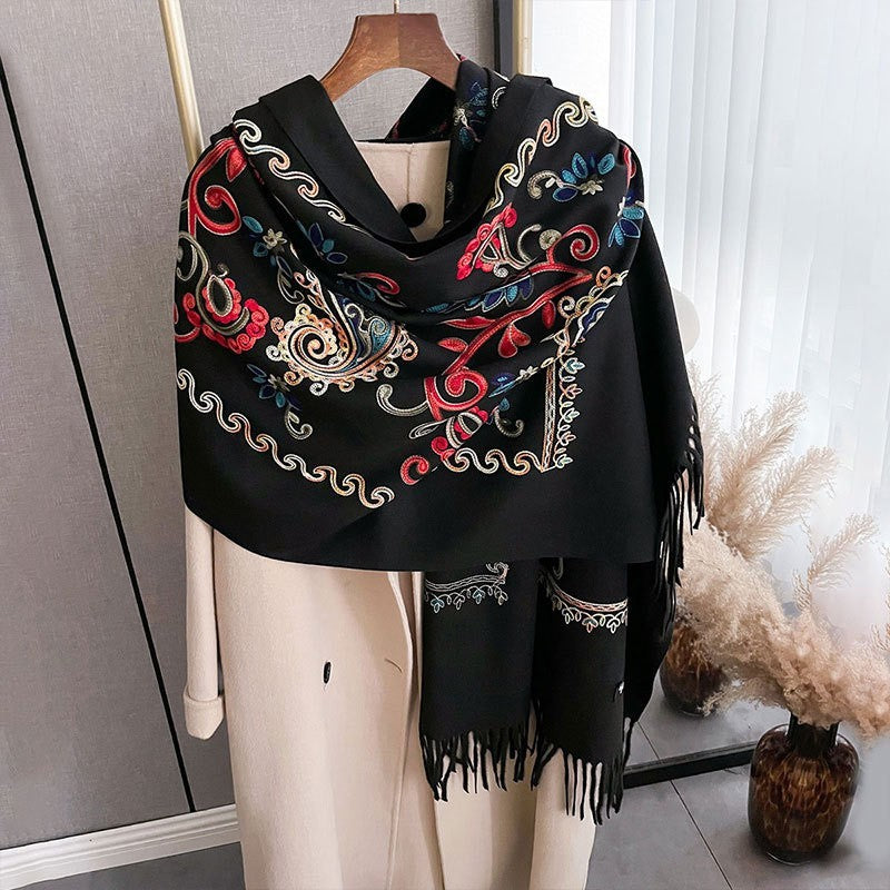 3pcs Embroidered Cashmere Pashmina Shawl Scarf Set Black Cream Red