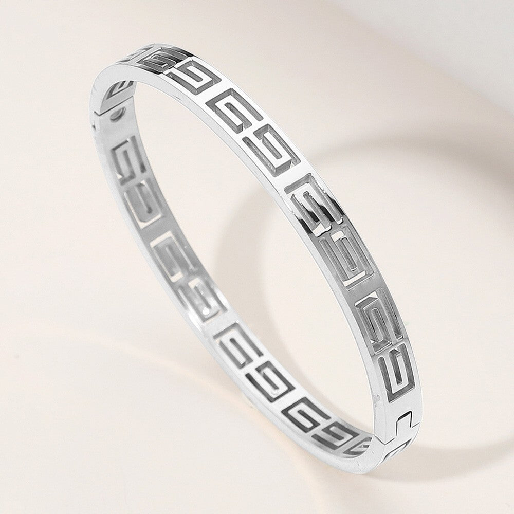 Silver Stainless Steel Geometric Cutout Hinged Bangle Bracelet for Women