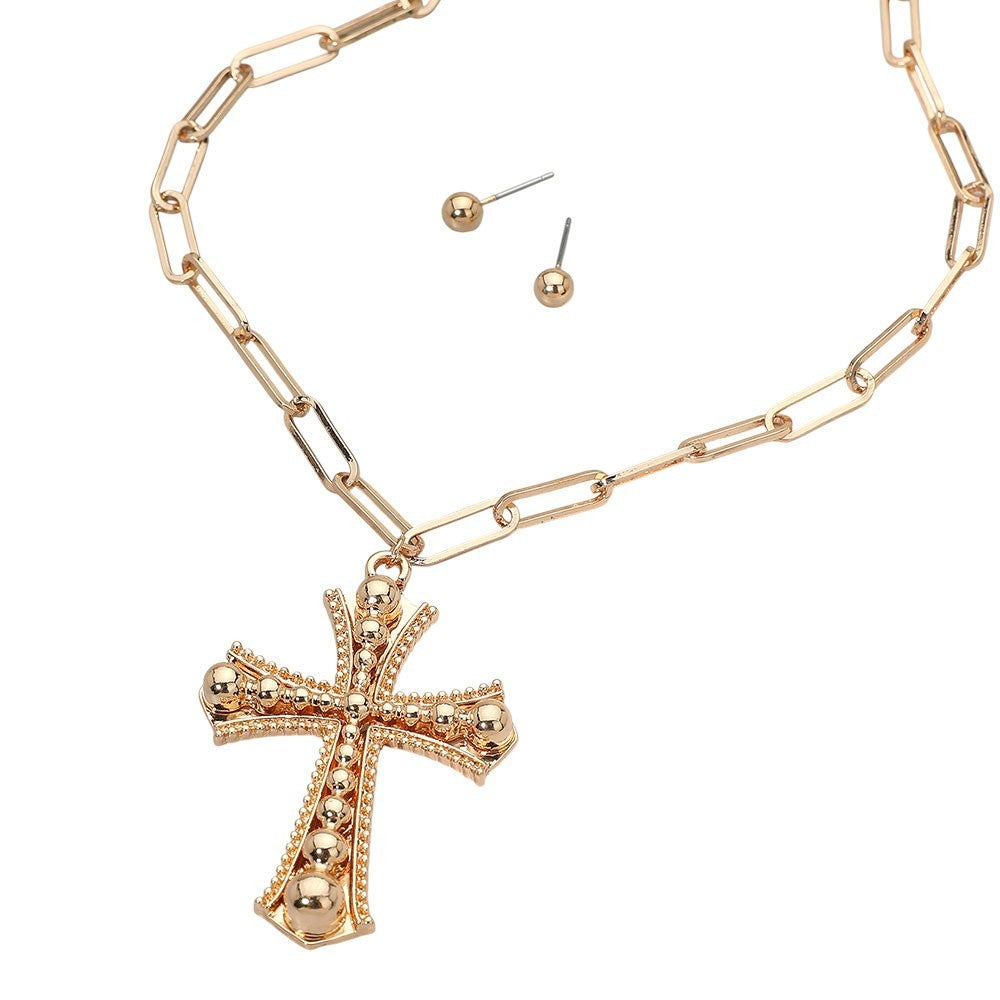 Gold Cross Pendant Necklace Paperclip Chain Link Stud Earrings Jewelry Set