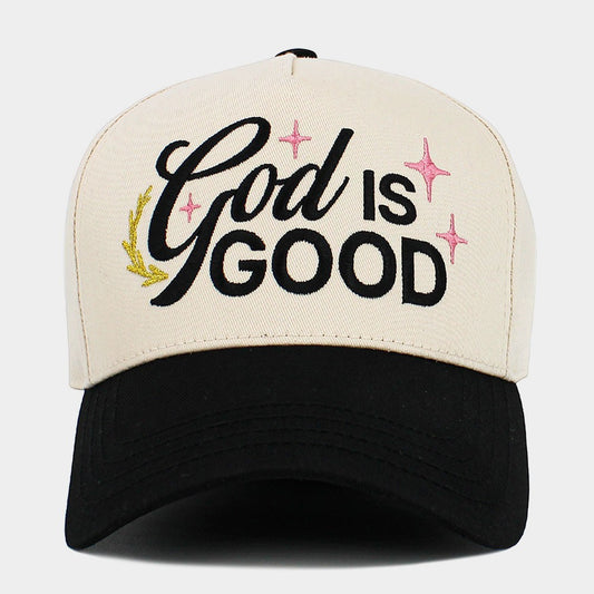 God Is Good Embroidered Trucker Hat Beige and Black Christian Faith Cap Religion