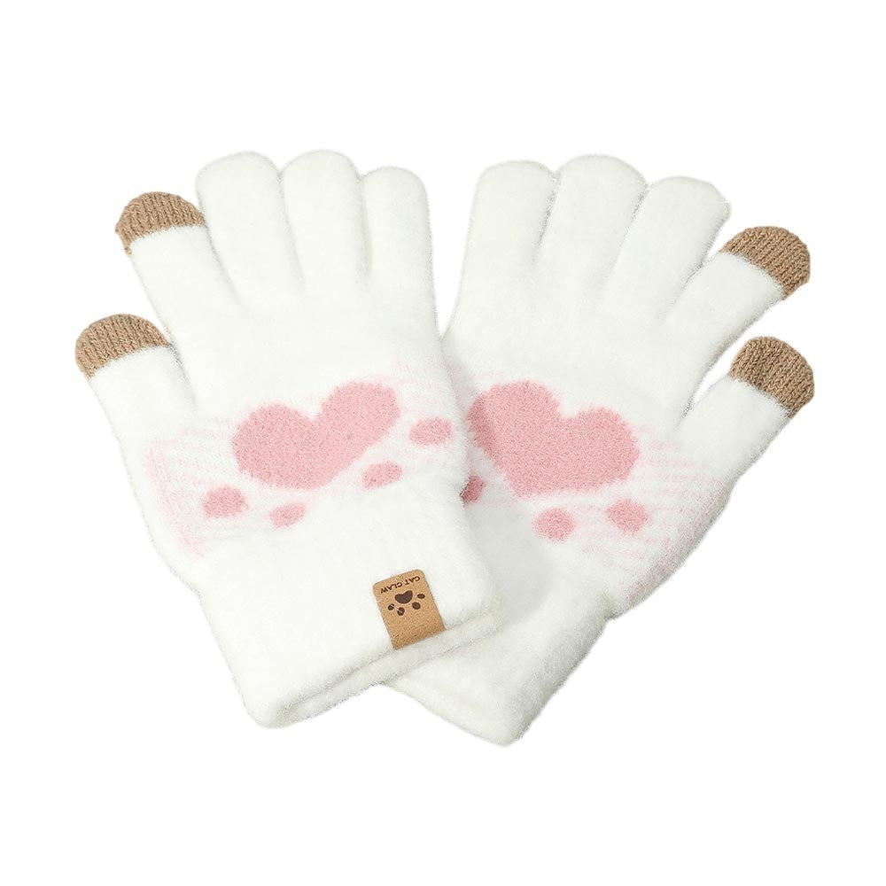 Womens One Size Cat Paw Warm Winter Pointed Gloves Touch Screen Compatible White