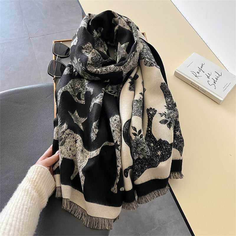 New Reversible Cat Print Shawl Scarf Cashmere Feel Polyester Black Cream