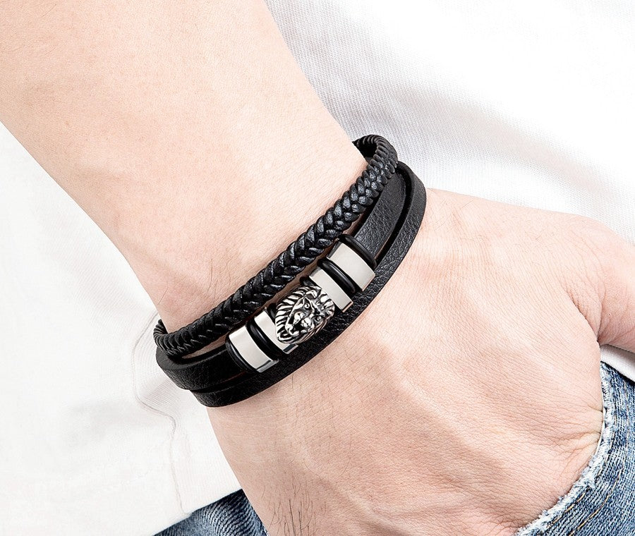 3 Colors Men Lion Head Leather Bracelet Set Stainless Steel Magnetic Clasp